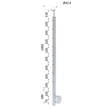 Zábradlí nerezový sloupek, boční montáž, 8 děrový pro lanko, koncový, otvory ø 7 mm - sloupek zábradlí ø 42,4 x 2 mm, vrch pevný, broušená nerez K320 /AISI304
