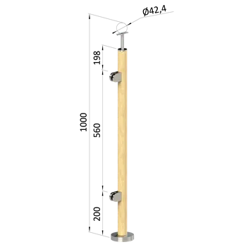 Schodiště dřevěný sloupek, vrchní kotvení, buk s nátěrem - sloupek zábradlí, výplň sklo, levý, vrch pevný, ukončení na kulaté madlo ø 42 mm, materiál broušený buk s bezbarvým nátěrem