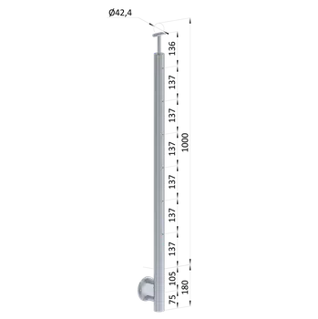 Zábradlí nerezový sloupek bez výplně, broušená nerez - rovinový sloupek zábradlí, boční kotvení, 6-řadový se závitem M6, vnější, vrch pevný, broušená nerez 320/AISI304