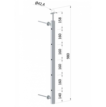 Zábradlí sloupek na francouzský balkon, kulatý, broušená nerez, výplň ø 12 mm - boční kotvení, 5 děrový, průchodný, vrch pevný, ukončení na trubku ø 42,4 mm, průměr výplně 12 mm nebo 14 mm