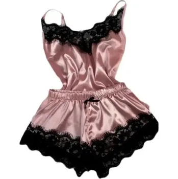 Dámské pyžamo Dámské saténové pyžamo s krajkovým lemem Tílko s výstřihem do V a kraťasy Jednobarevný elegantní komplet z polyesteru Různé barvy růžová M