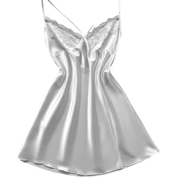 Dámská noční košile Dámská saténová noční košile s krajkou Elegantní jednobarevná košilka s výstřihem do V Luxusní noční prádlo z lehkého polyesteru Různé barvy bílá L