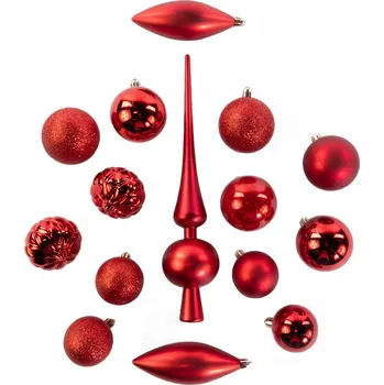 Vánoční dekorace Home Styling Collection Sada ozdobných koulí různých tvarů s špičkou na vánoční stromek, 19 ks, červená