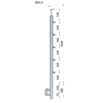 Zábradlí nerezový sloupek průchodný, leštěná nerez - sloupek zábradlí 5 řadový, venkovní, boční kotvení, vrch pevný, AISI304