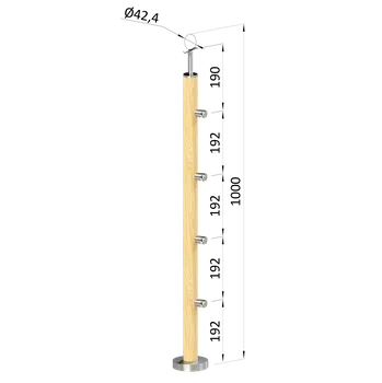 Schodiště dřevěný sloupek, vrchní kotvení, buk s nátěrem - sloupek zábradlí rovinový, 4 řadový, systém pruty, průchodný, vrch pevný, ukončení na ø 42 mm, materiál broušený buk s bezbarvým nátěrem