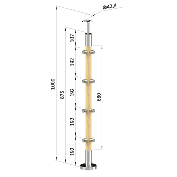 Schodiště dřevěný sloupek, vrchní kotvení, buk bez nátěru - sloupek zábradlí rovinový, 4 řadový, systém pruty, průchodný, rohový 90°, vrch pevný, ukončení na ø 42 mm, materiál broušený buk + nerez