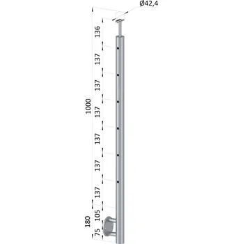 Zábradlí nerezový sloupek koncový, leštěná nerez, výplň ø 14 mm - sloupek zábradlí 5 děrový, boční kotvení, levý, vrch pevný, nerez AISI304, průměr výplně 12 mm nebo 14 mm