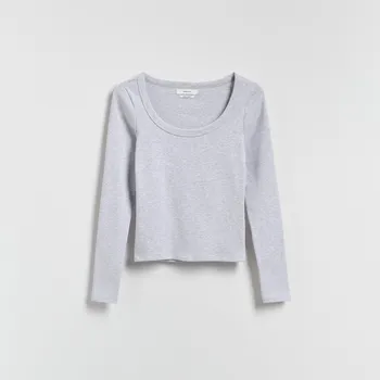 Dámské oblečení Reserved - Bavlněné tričko s dlouhými rukávy - světle šedá - ZQ827-09M - ZQ827-09M-M