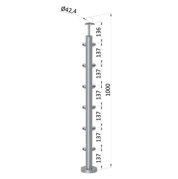 nerezový sloupek rohový, leštěná nerez - sloupek zábradlí 6 řadový, horní kotvení, vrch pevný, AISI304