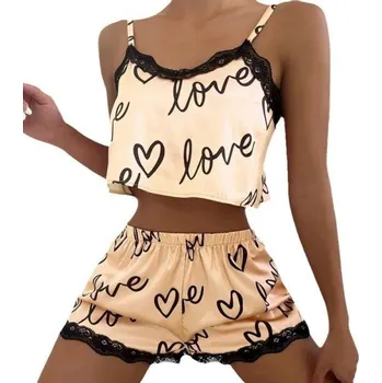 Dámské oblečení Dámské saténové pyžamo s krajkovým lemem Jednobarevné se srdíčky a nápisy Love Tílko s výstřihem do V a kraťasy z polyesteru a spandexu žlutá S