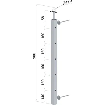 Zábradlí sloupek na francouzský balkon, HRANATÝ, broušená nerez, výplň ø 12 mm - profil 40 x 40 x 2 mm, boční kotvení, 5 děrový, pravý, vrch pevný, ukončení na trubku ø 42,4 mm, broušená nerez K320 /AISI304