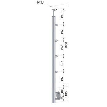 Zábradlí nerezový sloupek průchodný, broušená nerez - boční kotvení, 4 řadový, vnitřní, vrch pevný, nerez K320/AISI304