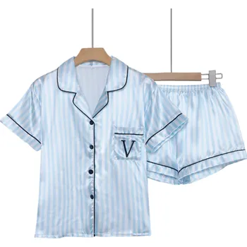 Dámské pyžamo Dámské proužkaté pyžamo s krátkým rukávem a kraťasy Košile na knoflíky s vyšitou kapsičkou V Různé barvy Polyester Elastan Pohodlný spánek modrá L