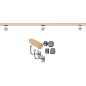 Zábradlí dřevěné madlo - buk, nerezové koncovky, nátěr, 125 cm, 2 držáky - zábradlí na stěnu, bukové madlo ø 42 mm s nerezovými koncovkami, broušený povrch s bezbarvým nátěrem, délka 1 - 3 m, nerezové držáky k upevnění na stěnu
