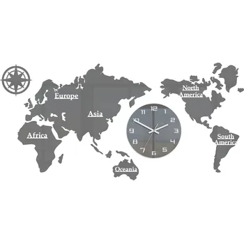 Hodiny Nástěnné samolepící hodiny Mapa světa 110x55 cm šedé