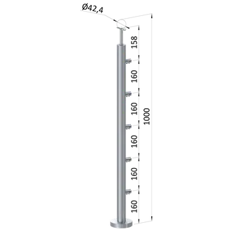 Zábradlí nerezový sloupek průchodný, AISI 316 - sloupek zábradlí 5 řadový, vrchní kotvení, vrch pevný, broušená nerez K320/AISI316