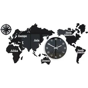 Hodiny Nástěnné samolepící hodiny Mapa světa 110x55 cm černé