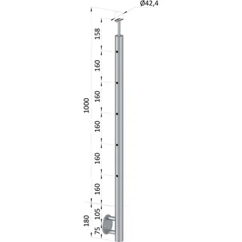 Zábradlí nerezový sloupek koncový, broušená nerez, výplň ø 12 mm - boční kotvení, 5 děrový, levý, vrch pevný, nerez K320/AISI304, průměr výplně 12 mm nebo 14 mm