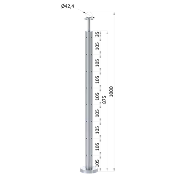 Zábradlí nerezový sloupek, pro lanko, vrchní montáž, rohový 90°, otvory ø 8 mm - sloupek zábradlí ø 42,4 x 2 mm, 8 otvorů pro lanko ø 4 nebo 5 mm, držák madla pevný bez nastavení sklonu, broušená nerez K320/AISI304