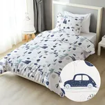 Dětské bavlněné ložní povlečení Sandra SA-685 Modrá auta mezi stromy na bílém Jednolůžko 140x200 a 70x90 cm