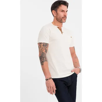 Pánské tričko Ombre Men's t-shirt with button neckline and suede trim - white Ombre bílá 3333887