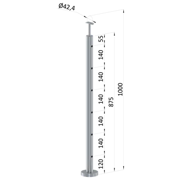 Zábradlí nerezový sloupek průchodný, broušená nerez, výplň ø 12 mm - horní (vrchní) kotvení, 6 děrový, vrch pevný, snížená vzdálenost první výplně od podlahy, broušená nerez K320/AISI304, průměr výplně 12 mm nebo 14 mm