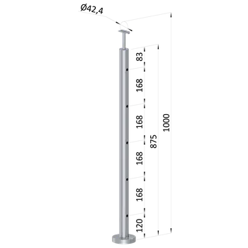 Zábradlí nerezový sloupek koncový, broušená nerez, výplň ø 12 mm - horní (vrchní) kotvení, 5 děrový, vrch pevný, snížená vzdálenost první výplně od podlahy, nerez K320/AISI304, průměr výplně 12 mm nebo 14 mm
