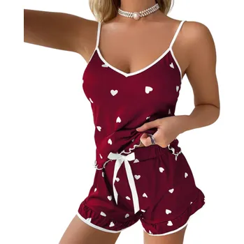 Dámské noční prádlo Dámské pyžamo s tílkem a šortkami Jednobarevný komplet se vzorem srdíček Výstřih do V z polyesteru a spandexu Lehký letní model na spaní vínová XS