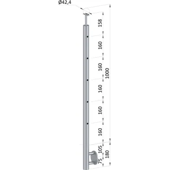 Zábradlí nerezový sloupek průchodný, broušená nerez, výplň ø 14 mm - boční kotvení, 5 děrový, vrch pevný, nerez K320/AISI304, průměr výplně 12 mm nebo 14 mm