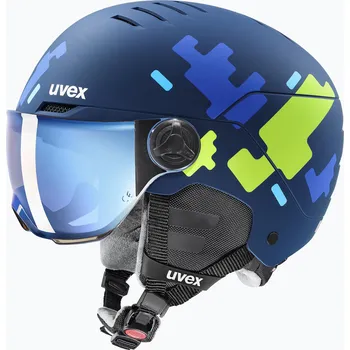 Dětská lyžařská helma UVEX Rocket Visor Jr blue puzzle matt/mirror blue/smoke
