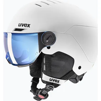 Dětská lyžařská helma UVEX Rocket Visor Jr white/black matt/mirror blue/smoke