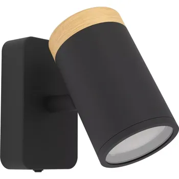 Koupelnové svítidlo Eglo 300001 CONSUMA - Elegantní koupelnové černé bodové svítidlo se dřevěným prvkem, 1 x GU10, IP44 (Moderní náklopná nástěnná bodovka bez vypínače do koupelny)