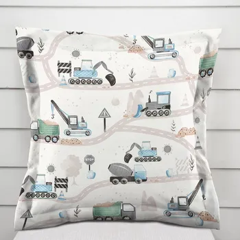 Povlak na polštářek Dětský bavlněný povlak na polštář s lemem Sandra SA-687 Modro-zelená auta a bagry na bílém 50 x 60 cm