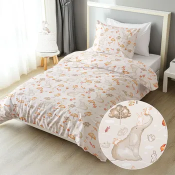 Povlečení Dětské bavlněné ložní povlečení Sandra SA-692 Slon a jeho kamarádi na světle šedobéžovém Jednolůžko 140x200 a 70x90 cm