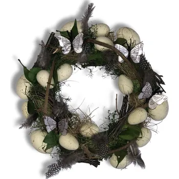 Věnec Velikonoční věnec s očkem pro zavěšení. Zdobený vajíčky, květy. Jarní přírodní vzhled. Průměr 30cm. Velikonoční věnec 30cm HG204008-2