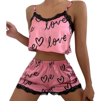Dámské pyžamo Dámské saténové pyžamo s krajkovým lemem Jednobarevné se srdíčky a nápisy Love Tílko s výstřihem do V a kraťasy z polyesteru a spandexu růžová XL