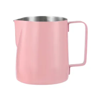 Konvička na mléko Nerezová konvička na šlehání mléka 350 ml 9 × 8 cm Profesionální džbánek z nerezové oceli na cappuccino latte art domácí i baristické použití růžová