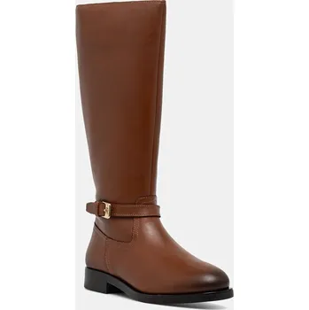 Dámské kozačky Kožené kozačky Tommy Hilfiger TH BUCKLE RIDING LTHR LONG BOOT dámské, hnědá barva, na plochém podpatku, FW0FW08873 88X, EUR 41