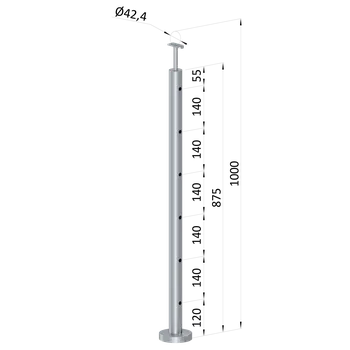 Zábradlí nerezový sloupek koncový, broušená nerez, výplň ø 14 mm - horní (vrchní) kotvení, 6 děrový, vrch pevný, snížená vzdálenost první výplně od podlahy, nerez K320/AISI304, průměr výplně 12 mm nebo 14 mm