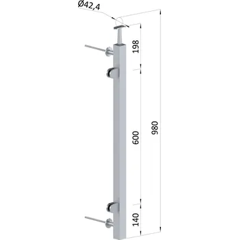 Zábradlí sloupek na francouzský balkon, HRANATÝ, broušená nerez - profil 40 x 40 x 2 mm, boční kotvení, výplň sklo, levý, vrch pevný, ukončení na trubku ø 42,4 mm
