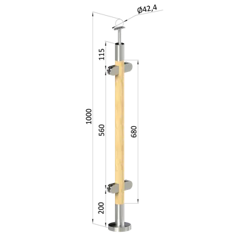 Schodiště dřevěný sloupek, vrchní kotvení, buk s nátěrem - sloupek zábradlí, výplň sklo, průchodný, vrch pevný, ukončení na kulaté madlo ø 42 mm, materiál broušený buk s bezbarvým nátěrem + nerez