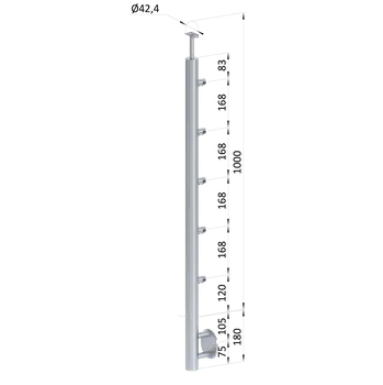 Zábradlí nerezový sloupek průchodný, broušená nerez - boční kotvení, 5 řadový, vnitřní, vrch pevný, snížená vzdálenost první výplně od podlahy, nerez 320/AISI304