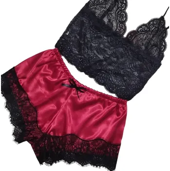 Dámské pyžamo Dámské pyžamo s krajkou a výstřihem do V Jednobarevný komplet z polyesteru Tílko s ramínky a šortky Elegantní letní model pro pohodlný spánek červená S