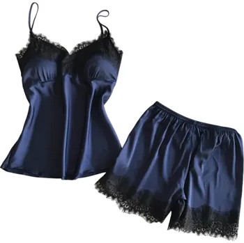 Dámské pyžamo Dámské saténové pyžamo z hedvábí Elegantní jednobarevná souprava s krajkou Tílko s výstřihem do V a šortky Lehký lesklý materiál Různé barvy modrá L