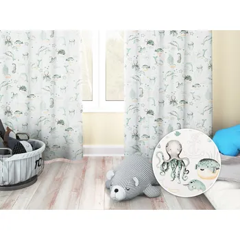 ubrus Dětský bavlněný závěs Sandra SA-688 Mořský svět zelený na bílém 150x140 cm