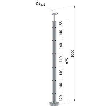 Zábradlí nerezový sloupek rohový, broušená nerez, výplň ø 14 mm - horní (vrchní) kotvení, 6 děrový, vrch pevný, snížená vzdálenost první výplně od podlahy, broušená nerez K320/AISI304, průměr výplně 12 mm nebo 14 mm