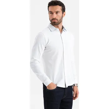 Pánské tričko Ombre Men's knitted SLIM FIT long sleeve shirt - white Ombre šedá 3086901