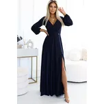 572-1 NELA lesklé dlouhé šaty s výstřihem a dlouhým rukávem - TMAVĚ MODRÁ NUMOCO černá | modrá 3068901