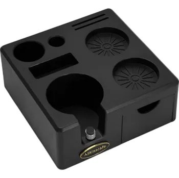 Kávovar Držák na tampery a portafilter 58 mm s přihrádkou na filtry a štětce ABS plast se zásuvkou Organizér pro kávové doplňky a baristy černá