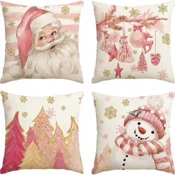 Povlak na polštářek Povlak na polštář 4x VÁNOČNÍ POVLAKY RŮŽOVÉ MIKULÁŠ SNĚHULÁK 50 x 50 cm